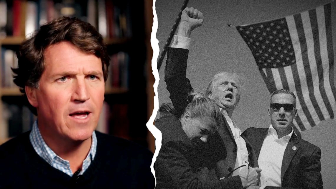 Skjermbilde fra Tucker Carlsons show 14. nov. 2025, og det ikoniske bildet av presidentkandidat Donald Trump omgitt av U.S. Secret Service-agenter rett etter attentats-forsøket i Butler, Pa., 13. juli, 2024. (AP Photo/Evan Vucci, File) Skjermbilde fra Tucker Carlsons show 14. nov. 2025, og det ikoniske bildet av presidentkandidat Donald Trump omgitt av U.S. Secret Service-agenter rett etter attentats-forsøket i Butler, Pa., 13. juli, 2024. (AP Photo/Evan Vucci, File)