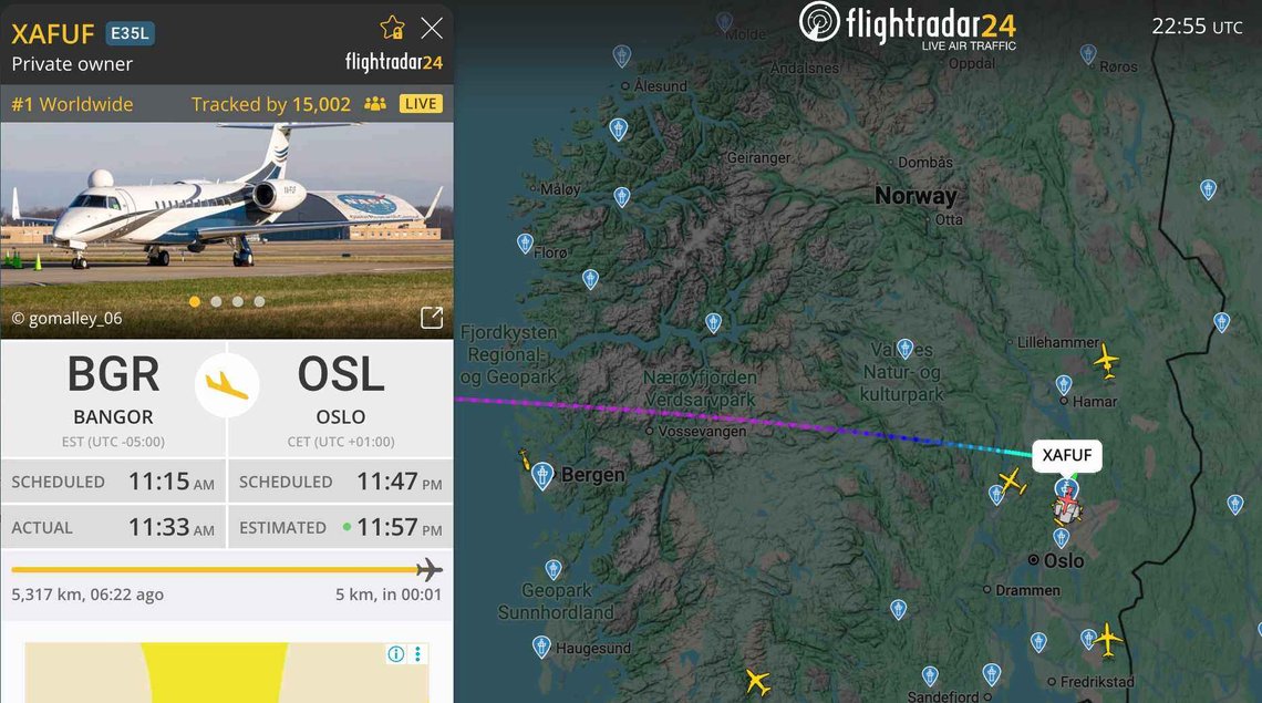Dette flyet skal være fredsprisvinner María Corina Machados privatfly fra Karibien via USA til Oslo. (FlightRadar24) Dette flyet skal være fredsprisvinner María Corina Machados privatfly fra Karibien via USA til Oslo. (FlightRadar24)