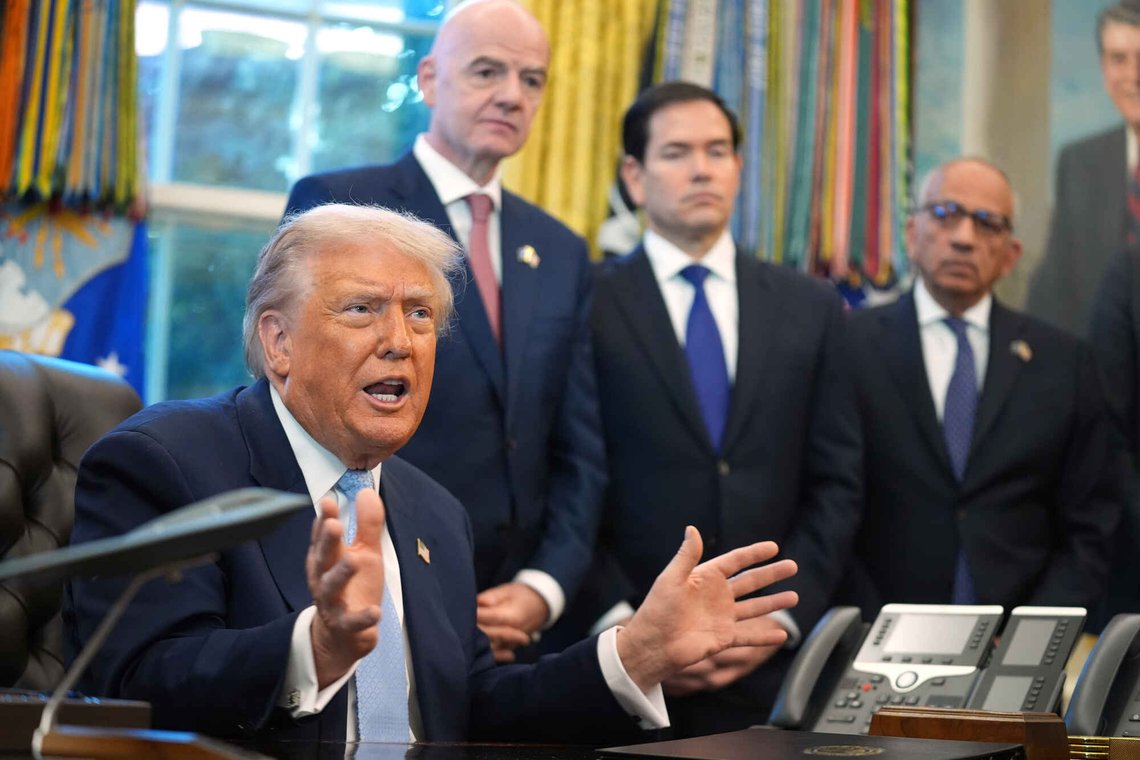 President Donald Trump answers questions from reporters during a meeting with the White House task force on the 2026 FIFA World Cup in the Oval Office of the White House, Monday, Nov. 17, 2025, in Washington, as FIFA President Gianni Infantino, Secretary of State Marco Rubio and FIFA senior adviser Carlos Cordeiro listen. (AP Photo/Evan Vucci) President Donald Trump answers questions from reporters during a meeting with the White House task force on the 2026 FIFA World Cup in the Oval Office of the White House, Monday, Nov. 17, 2025, in Washington, as FIFA President Gianni Infantino, Secretary of State Marco Rubio and FIFA senior adviser Carlos Cordeiro listen. (AP Photo/Evan Vucci)
