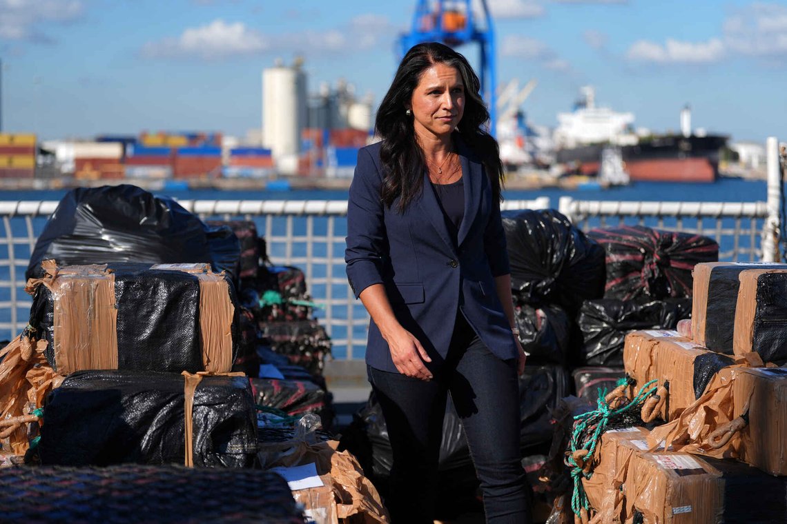 Director of National Intelligence Tulsi Gabbard walks past pallets of seized cocaine aboard the U.S. Coast Guard cutter Stone Wednesday, Nov. 19, 2025, at Port Everglades in Fort Lauderdale, Fla. (AP Photo/Rebecca Blackwell) Director of National Intelligence Tulsi Gabbard walks past pallets of seized cocaine aboard the U.S. Coast Guard cutter Stone Wednesday, Nov. 19, 2025, at Port Everglades in Fort Lauderdale, Fla. (AP Photo/Rebecca Blackwell)