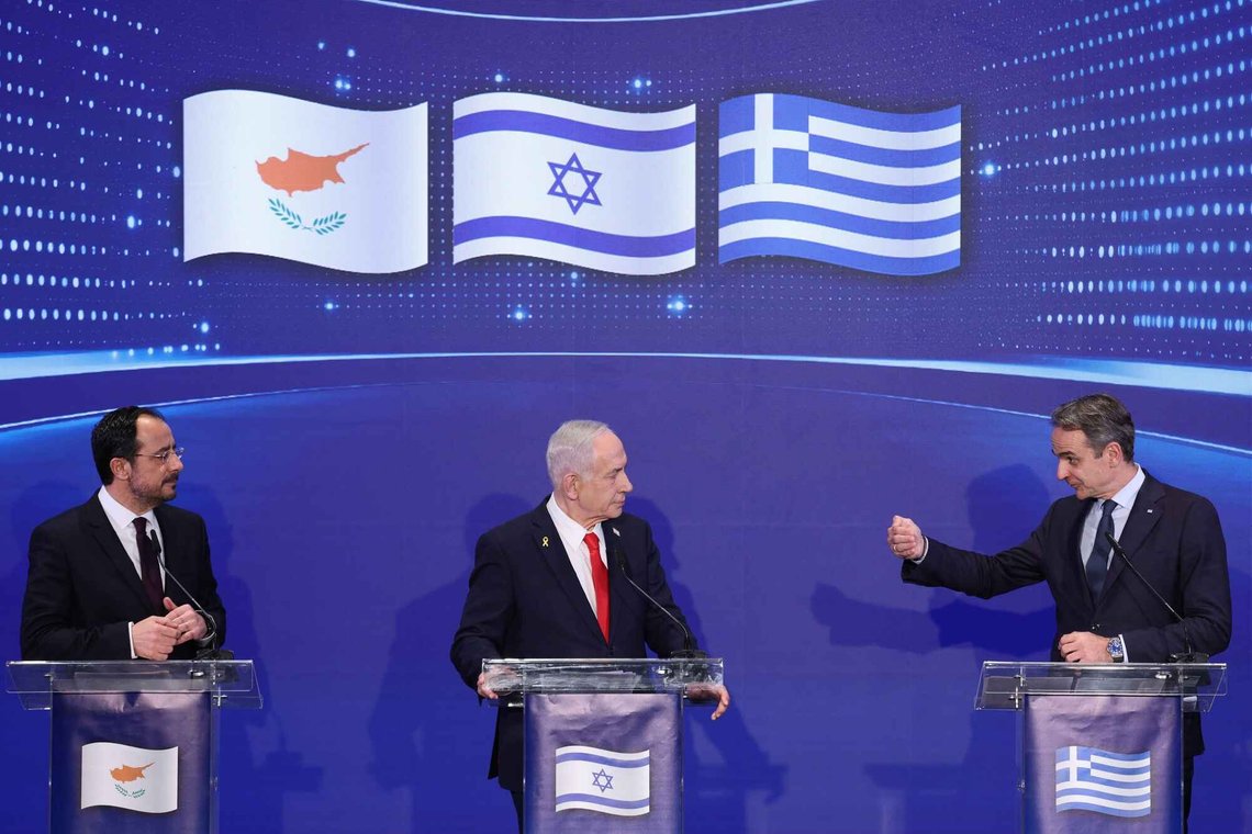 Israeli Prime Minister Benjamin Netanyahu, centre, Greek Prime Minister Kyriakos Mitsotakis, right, and Cypriot President Nikos Christodoulides hold a joint press conference after a trilateral meeting at the Citadel of David Hotel in Jerusalem, Monday Dec. 22, 2025. (Abir Sultan/Pool Photo via AP) Israeli Prime Minister Benjamin Netanyahu, centre, Greek Prime Minister Kyriakos Mitsotakis, right, and Cypriot President Nikos Christodoulides hold a joint press conference after a trilateral meeting at the Citadel of David Hotel in Jerusalem, Monday Dec. 22, 2025. (Abir Sultan/Pool Photo via AP)