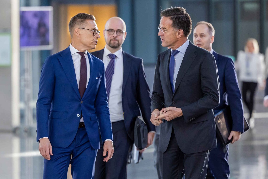 NATO Secretary General Mark Rutte, right, greets Finland's President Alexander Stubb prior to a meeting at NATO headquarters in Brussels, Monday, Nov. 17, 2025. (AP Photo/Geert Vanden Wijngaert) NATO Secretary General Mark Rutte, right, greets Finland's President Alexander Stubb prior to a meeting at NATO headquarters in Brussels, Monday, Nov. 17, 2025. (AP Photo/Geert Vanden Wijngaert)