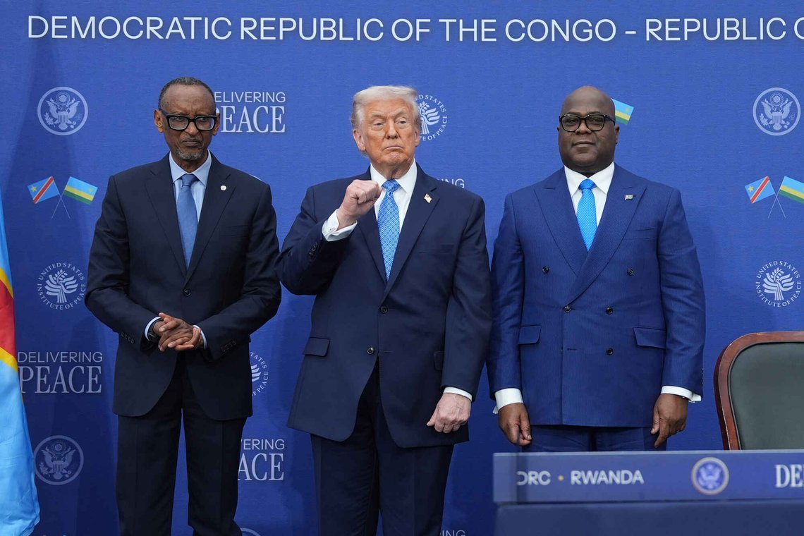 President Donald Trump stands with Rwanda's President Paul Kagame and Democratic Republic of Congo President Felix-Antoine Tshisekedi at the Donald J. Trump Institute of Peace, Thursday, Dec. 4, 2025, in Washington. (AP Photo/Evan Vucci) President Donald Trump stands with Rwanda's President Paul Kagame and Democratic Republic of Congo President Felix-Antoine Tshisekedi at the Donald J. Trump Institute of Peace, Thursday, Dec. 4, 2025, in Washington. (AP Photo/Evan Vucci)