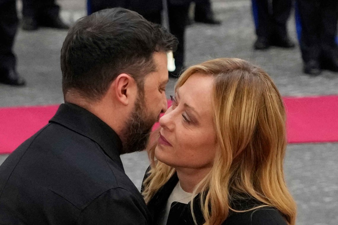 Ukraine's President Volodymyr Zelenskyy, left, is received at Chigi Palace by Italian Premier Giorgia Meloni, Tuesday, Dec. 9, 2025. (AP Photo/Gregorio Borgia) Ukraine's President Volodymyr Zelenskyy, left, is received at Chigi Palace by Italian Premier Giorgia Meloni, Tuesday, Dec. 9, 2025. (AP Photo/Gregorio Borgia)