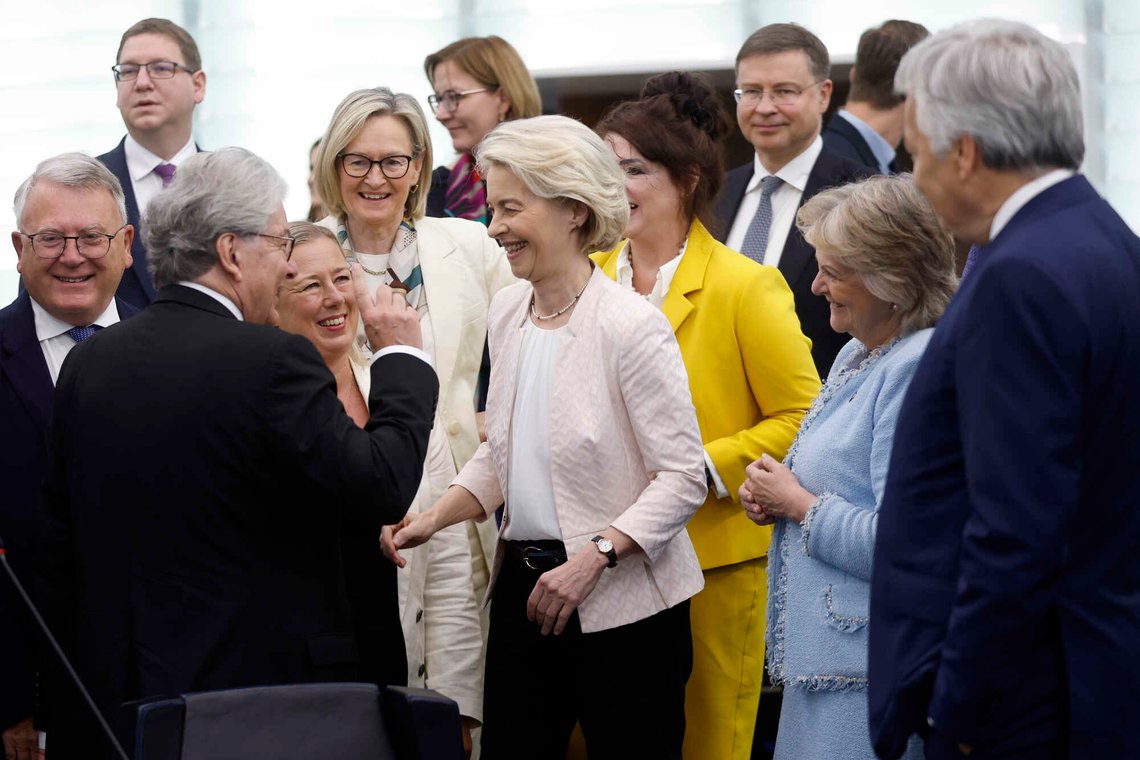 European Commission President Ursula von der Leyen, center, speaks with European Commissioner for Internal Market Thierry Breton, third left, and other European commissioners as she arrives in the plenary of the European Parliament in Strasbourg, eastern France, Thursday, July 18, 2024. Ursula von der Leyen was making her final pitch Thursday to lawmakers at the European Parliament ahead of a vote on whether to grant her a second five-year term as president of the European Union's executive commission. (AP Photo/Jean-Francois Badias) European Commission President Ursula von der Leyen, center, speaks with European Commissioner for Internal Market Thierry Breton, third left, and other European commissioners as she arrives in the plenary of the European Parliament in Strasbourg, eastern France, Thursday, July 18, 2024. Ursula von der Leyen was making her final pitch Thursday to lawmakers at the European Parliament ahead of a vote on whether to grant her a second five-year term as president of the European Union's executive commission. (AP Photo/Jean-Francois Badias)