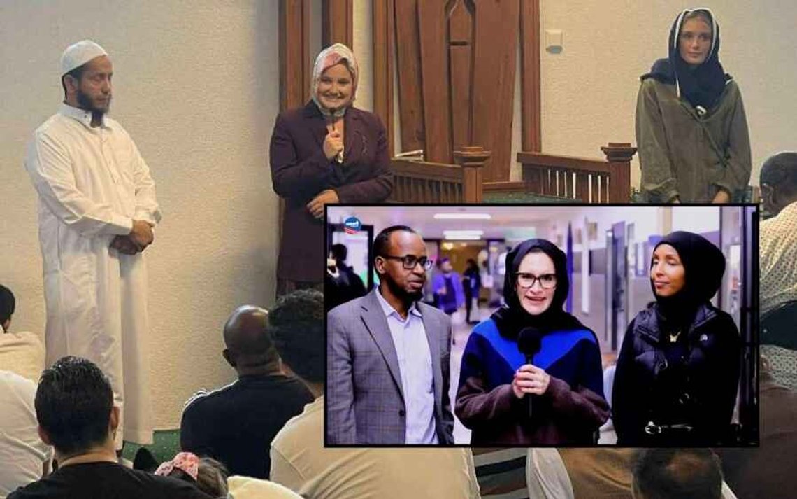 Fotocollage: Skjembilde av Høyres førstekandidat Amalie Gunnufsen og rådgiver for Høyres stortingsgruppe, Siri Heimdal Knudsen, på besøk i moské i Kristiansand. Innsatt bilde: Minnesotas viseguvernør Peggy Flanagan bærer hijab i solidaritet med somalierne mens føderale myndigheter etterforsker en svindelskandale verdt flere milliarder dollar. Fotocollage: Skjembilde av Høyres førstekandidat Amalie Gunnufsen og rådgiver for Høyres stortingsgruppe, Siri Heimdal Knudsen, på besøk i moské i Kristiansand. Innsatt bilde: Minnesotas viseguvernør Peggy Flanagan bærer hijab i solidaritet med somalierne mens føderale myndigheter etterforsker en svindelskandale verdt flere milliarder dollar.