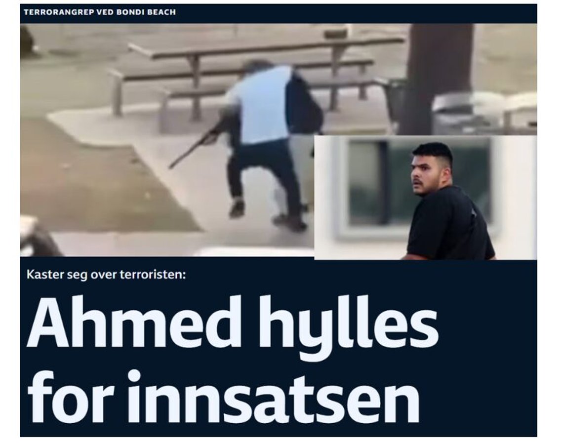Skjermbilde fra NRK. Insatt bilde: Naveed Akram, en av terroristerne bak det islamistiske angrepet i Sydney. Skjermbilde fra NRK. Insatt bilde: Naveed Akram, en av terroristerne bak det islamistiske angrepet i Sydney.