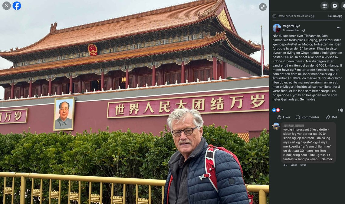 Vegard Bye på Den himmelske freds plass i Beijing i november. (Foto: Privat/Facebook) Vegard Bye på Den himmelske freds plass i Beijing i november. (Foto: Privat/Facebook)