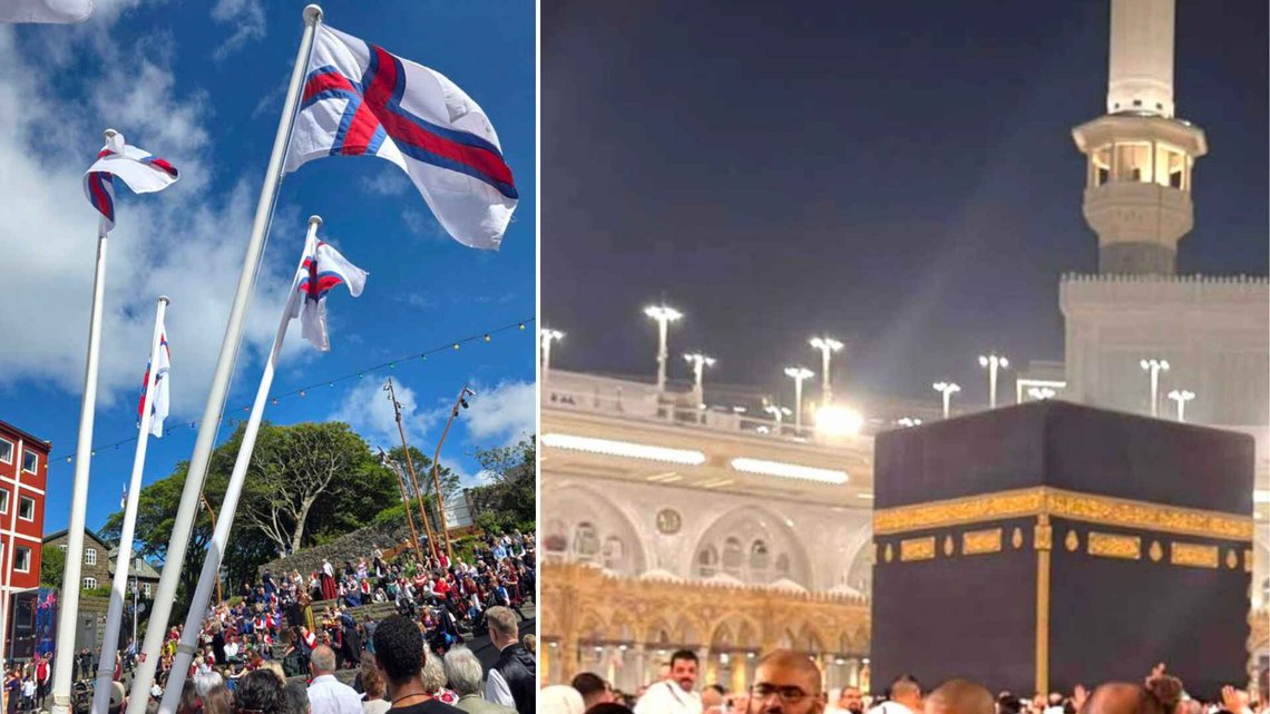 Flaggene vaiet under olsokfeiringen på Færøyene 29. juli 2025, da øyene feiret sin kristne kulturarv. Nå har muslimer registrert et muslimsk senter der, som kan bli til moské, og det miljøet bruker ofte å feriere i Mekka. Foto: Bente Haarstad/Facebook. Flaggene vaiet under olsokfeiringen på Færøyene 29. juli 2025, da øyene feiret sin kristne kulturarv. Nå har muslimer registrert et muslimsk senter der, som kan bli til moské, og det miljøet bruker ofte å feriere i Mekka. Foto: Bente Haarstad/Facebook.