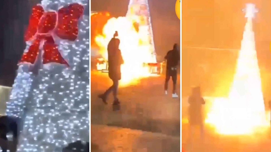 BRANN: Flere migranter samlet seg for å tenne på juletreet, som ser ut til å sprenges på flere videoer fra området natt til 1. nyttårsdag. Foto: X BRANN: Flere migranter samlet seg for å tenne på juletreet, som ser ut til å sprenges på flere videoer fra området natt til 1. nyttårsdag. Foto: X