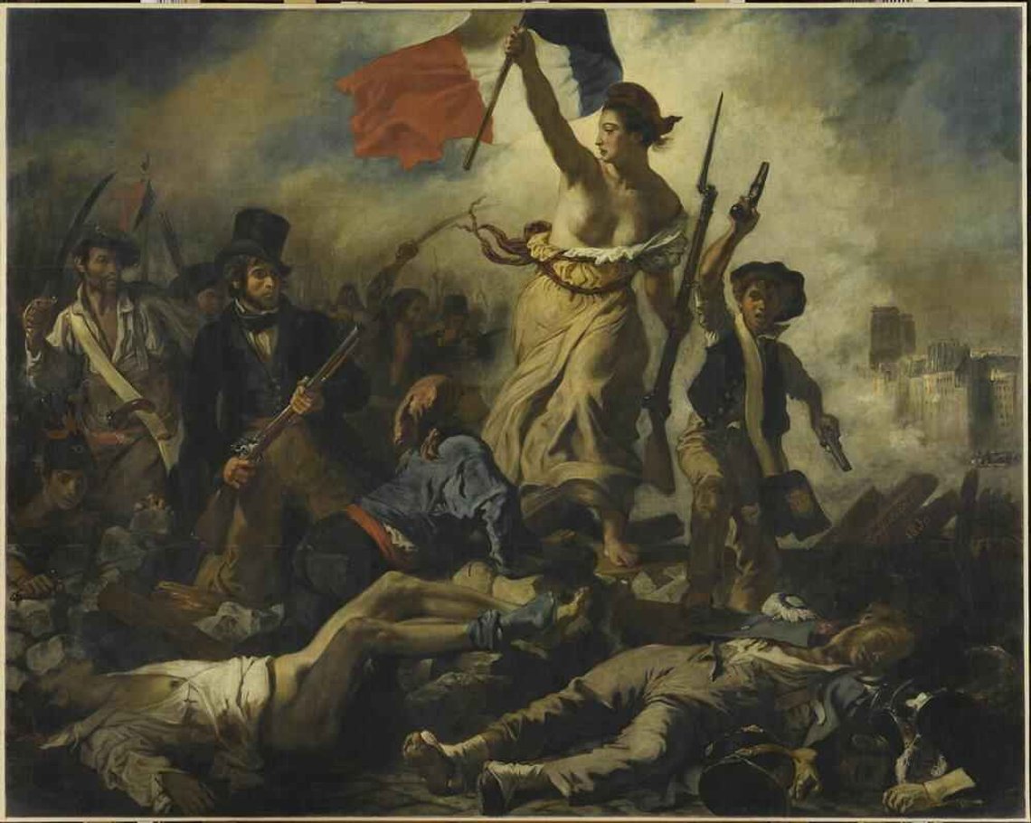 Maleriet «Friheten (frihetsgudinnen) leder an folket» (La Liberté guidant le peuple) (1830) av den franske maleren Eugène Delacroix. Maleriet «Friheten (frihetsgudinnen) leder an folket» (La Liberté guidant le peuple) (1830) av den franske maleren Eugène Delacroix.