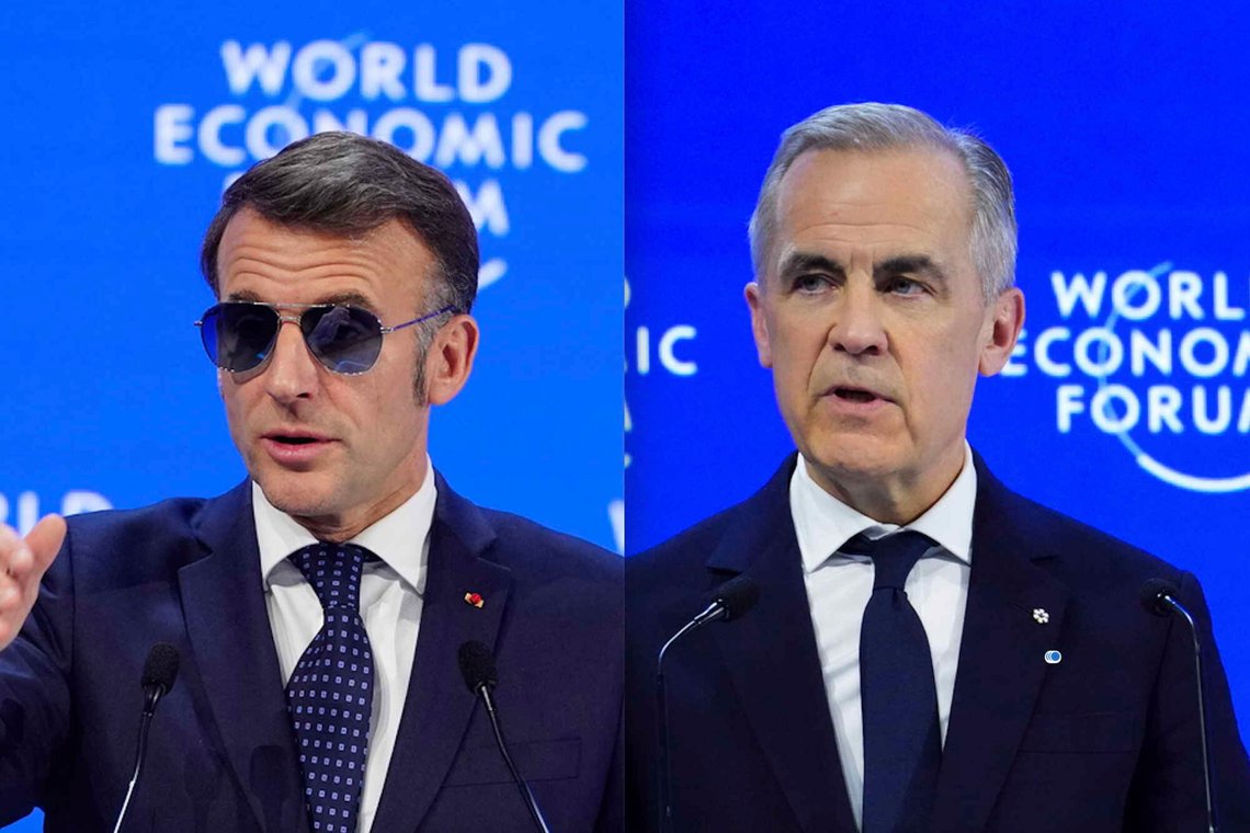 Frankrikes president Emmanuel Macron og Canadas statsminister Mark Carney taler til World Economic Forum (WEF) i Davos den 20. januar 2026. Foto: Sean Kilpatrick / The Canadian Press og Markus Schreiber – begge via AP / NTB. Frankrikes president Emmanuel Macron og Canadas statsminister Mark Carney taler til World Economic Forum (WEF) i Davos den 20. januar 2026. Foto: Sean Kilpatrick / The Canadian Press og Markus Schreiber – begge via AP / NTB.