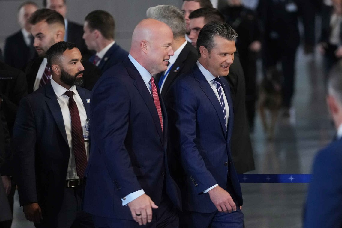 United States Defense Secretary Pete Hegseth, center right, and United States Ambassador to NATO Matthew Whitaker, center left, arrive for a meeting of NATO defense ministers at NATO headquarters in Brussels, Wednesday, Oct. 15, 2025 (AP Photo/Virginia Mayo) United States Defense Secretary Pete Hegseth, center right, and United States Ambassador to NATO Matthew Whitaker, center left, arrive for a meeting of NATO defense ministers at NATO headquarters in Brussels, Wednesday, Oct. 15, 2025 (AP Photo/Virginia Mayo)