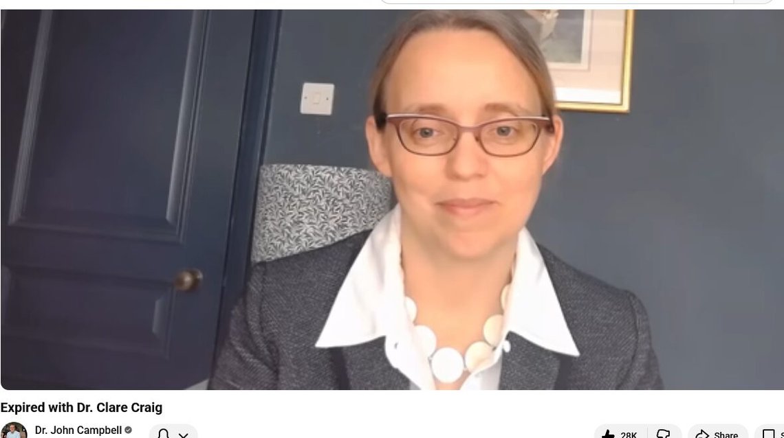 Dr. Clare Craig her i en samtale med John Campbell om hennes forrige bok. Skjermdump fra YouTube. Dr. Clare Craig her i en samtale med John Campbell om hennes forrige bok. Skjermdump fra YouTube.