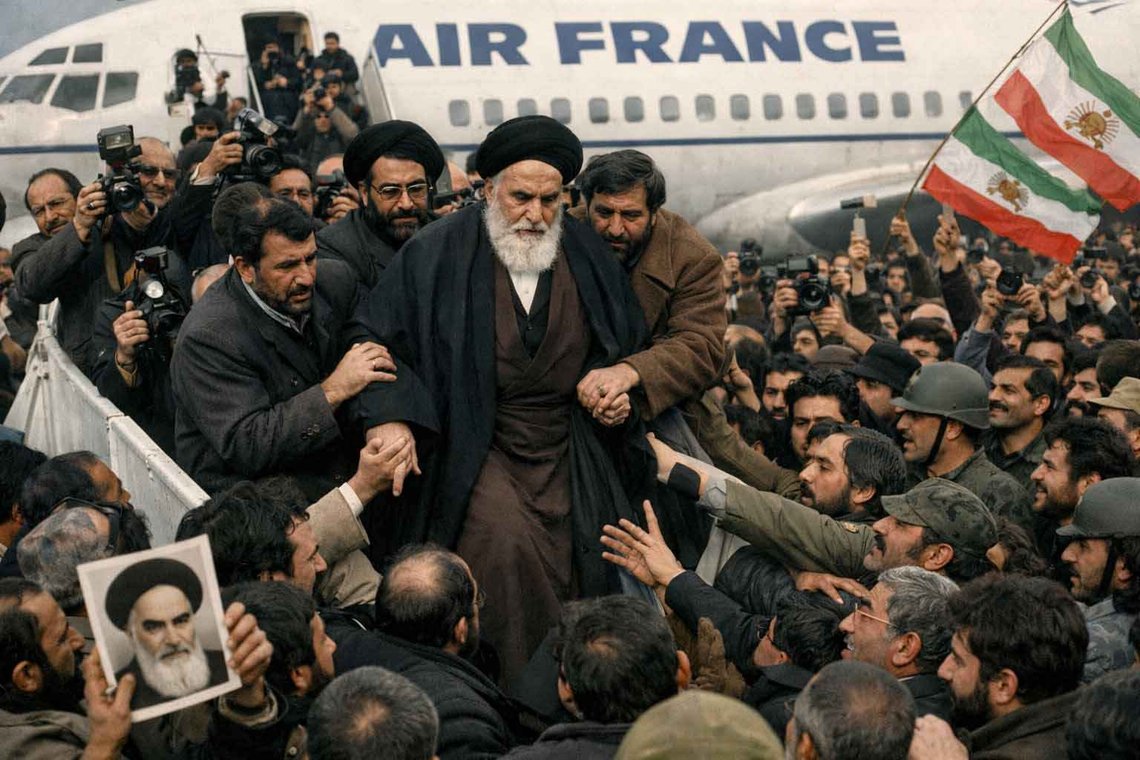 Khomeinis tilbakekomst til Iran 1. februar 1979. Illustrasjon: ChatGPT Khomeinis tilbakekomst til Iran 1. februar 1979. Illustrasjon: ChatGPT