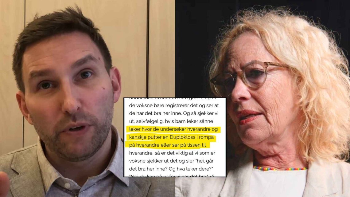 SEXLEKER I BARNEHAGEN: Truls Olufsen-Mehus fra Kristent Ressurssenter reagerer kraftig på det som kommer frem om norske barnehager. Spesialist i sexologisk rådgivning, Margrete W. Aaasland, beskriver blant annet å «putte en Duplokloss i rompa på hverandre». Foto: Skjermbilde Verdinytt/RVTS SEXLEKER I BARNEHAGEN: Truls Olufsen-Mehus fra Kristent Ressurssenter reagerer kraftig på det som kommer frem om norske barnehager. Spesialist i sexologisk rådgivning, Margrete W. Aaasland, beskriver blant annet å «putte en Duplokloss i rompa på hverandre». Foto: Skjermbilde Verdinytt/RVTS