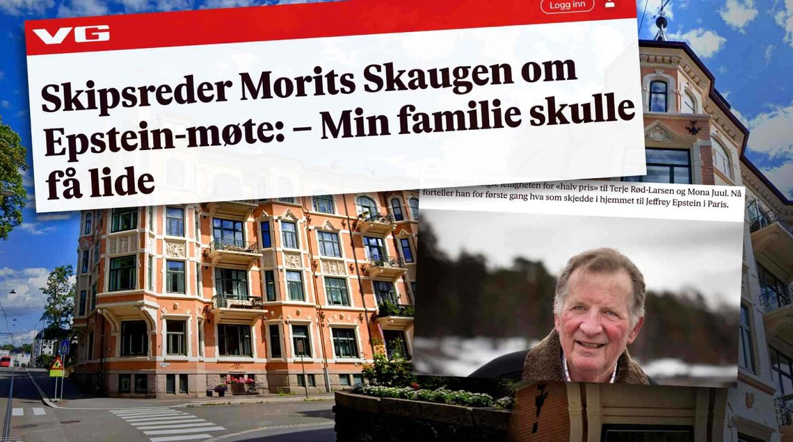 Drammensveien 42 på Frogner i Oslo og faksimile fra VGs oppslag med Morits Skaugen Jr. fredag 6. februar 2026. Drammensveien 42 på Frogner i Oslo og faksimile fra VGs oppslag med Morits Skaugen Jr. fredag 6. februar 2026.