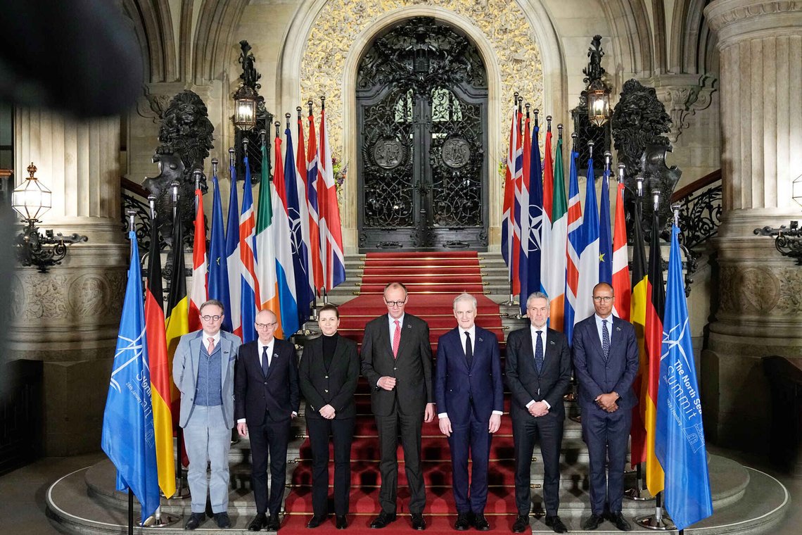 Belgian Prime Minister Bart de Wever, Luxembourg Prime Minister Luc Frieden, Danish Prime Minister Mette Frederiksen, German Chancellor Friedrich Merz, Norway Prime Minister Jonas Gahr, Dutch Prime Minister Dick Schoof and Nato Vice Secretary Jean-Charles Ellermann-Kingombe, from left, stand for a family photo during the North Sea Summit in Hamburg, Germany, where the North Sea coastal states aim to strengthen cross-border cooperation in the expansion of offshore wind energy and hydrogen infrastructure on Monday, January 26, 2026. (AP Photo/Martin Meissner) Belgian Prime Minister Bart de Wever, Luxembourg Prime Minister Luc Frieden, Danish Prime Minister Mette Frederiksen, German Chancellor Friedrich Merz, Norway Prime Minister Jonas Gahr, Dutch Prime Minister Dick Schoof and Nato Vice Secretary Jean-Charles Ellermann-Kingombe, from left, stand for a family photo during the North Sea Summit in Hamburg, Germany, where the North Sea coastal states aim to strengthen cross-border cooperation in the expansion of offshore wind energy and hydrogen infrastructure on Monday, January 26, 2026. (AP Photo/Martin Meissner)