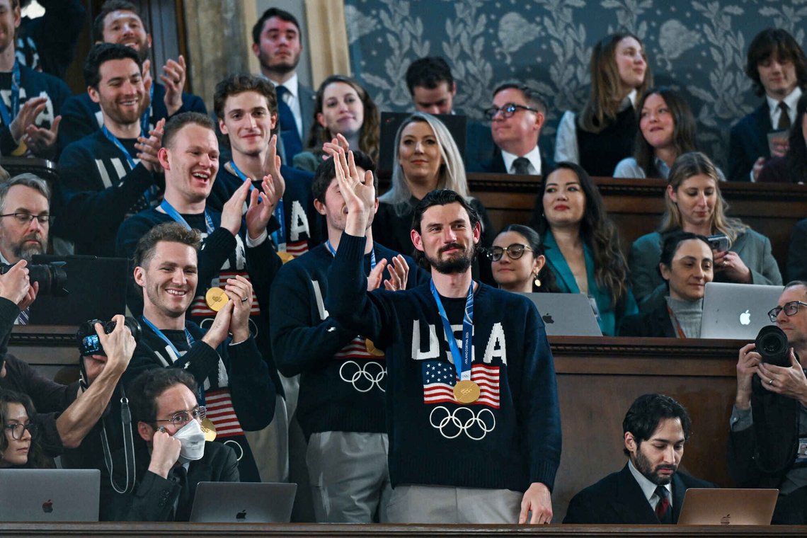 Members of the United States' Olympic gold medal hockey team enter the gallery as President Donald Trump delivers the State of the Union address to a joint session of Congress in the House chamber of the U.S. Capitol in Washington, Tuesday, Feb. 24, 2026. (Kenny Holston/The New York Times via AP, Pool) Members of the United States' Olympic gold medal hockey team enter the gallery as President Donald Trump delivers the State of the Union address to a joint session of Congress in the House chamber of the U.S. Capitol in Washington, Tuesday, Feb. 24, 2026. (Kenny Holston/The New York Times via AP, Pool)