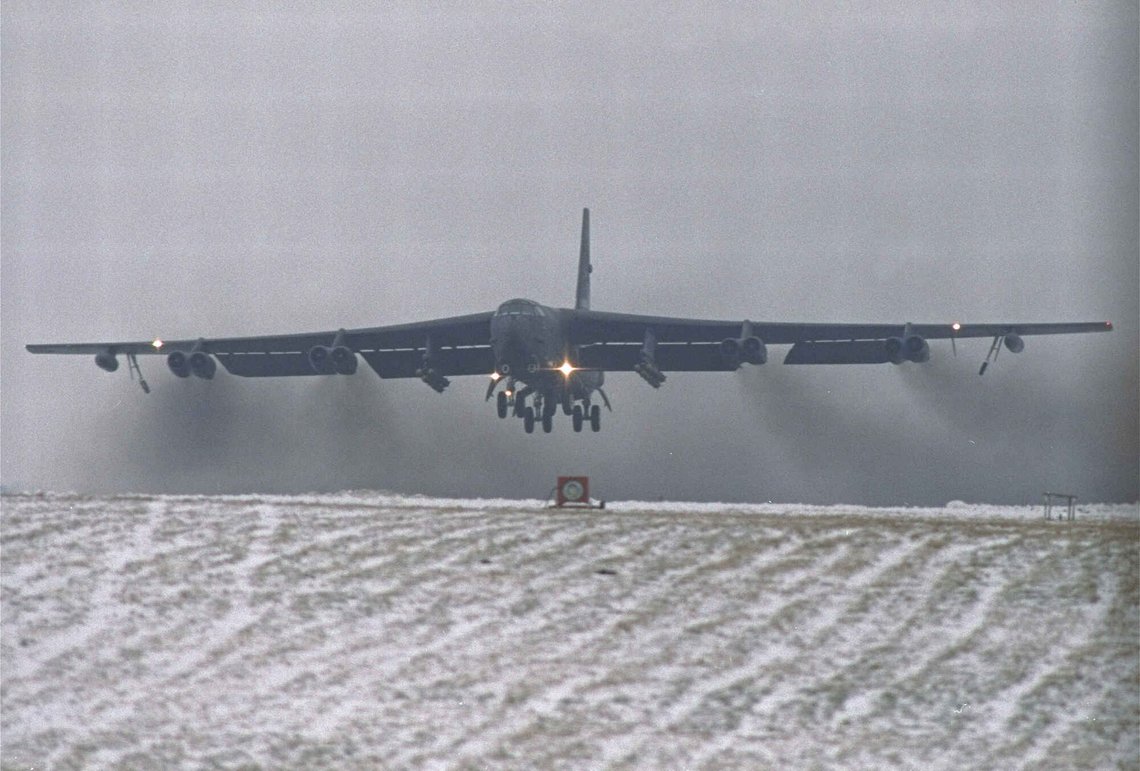 FILE - In this Feb. 10, 1991, file photo, a giant USAF B-52 bomber lifts off from the snow covered RAF Fairford runway in Gloucestershire, England, en route to the Gulf. B-52s were one arm of the nuclear deterrent force during the Cold War and were used in the carpet-bombings of North Vietnam. During the 1991 Gulf War, they dropped 40 percent of the ordnance on Iraq. (AP Photo/Gerald Penny, File) FILE - In this Feb. 10, 1991, file photo, a giant USAF B-52 bomber lifts off from the snow covered RAF Fairford runway in Gloucestershire, England, en route to the Gulf. B-52s were one arm of the nuclear deterrent force during the Cold War and were used in the carpet-bombings of North Vietnam. During the 1991 Gulf War, they dropped 40 percent of the ordnance on Iraq. (AP Photo/Gerald Penny, File)