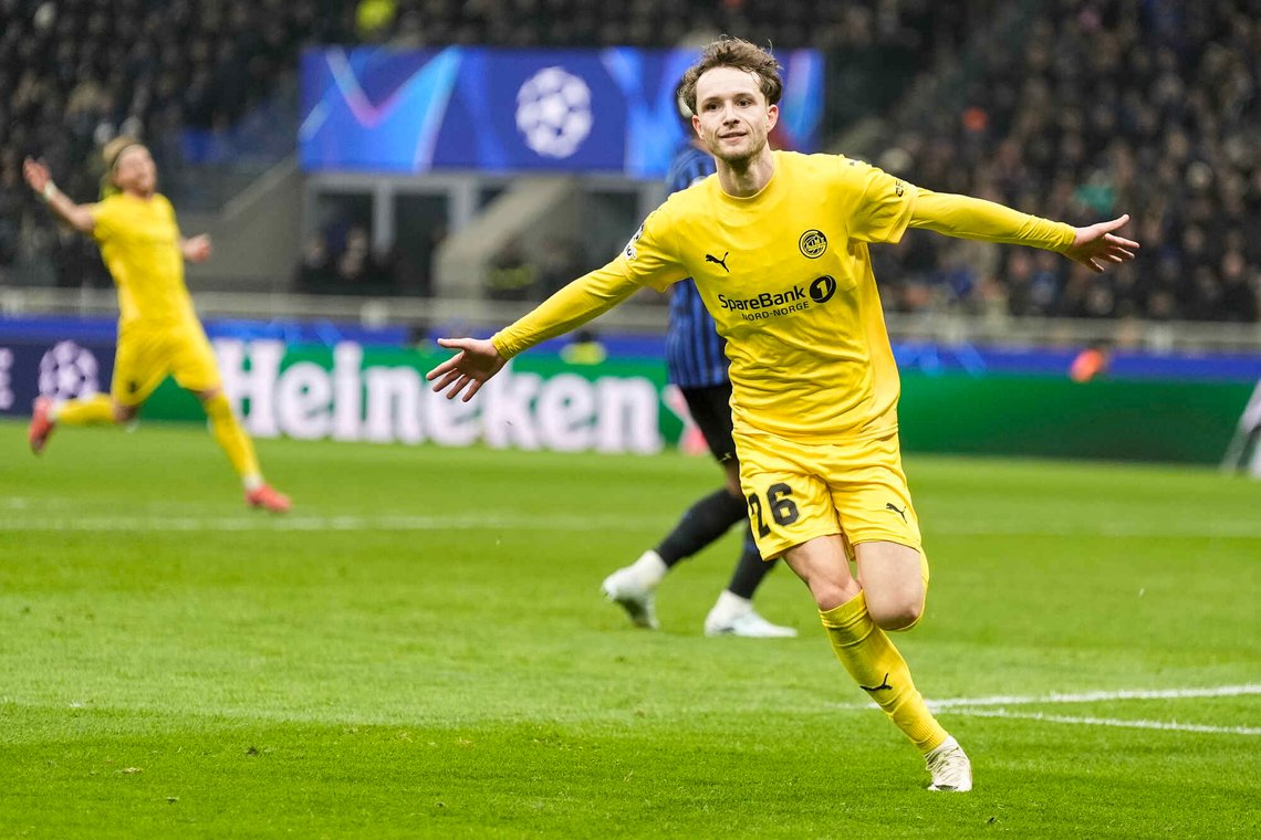 Håkon Evjen jubler for målet som ga Bodø/Glimt seieren også i returkampen mot Inter. Foto: Terje Pedersen / NTB Håkon Evjen jubler for målet som ga Bodø/Glimt seieren også i returkampen mot Inter. Foto: Terje Pedersen / NTB