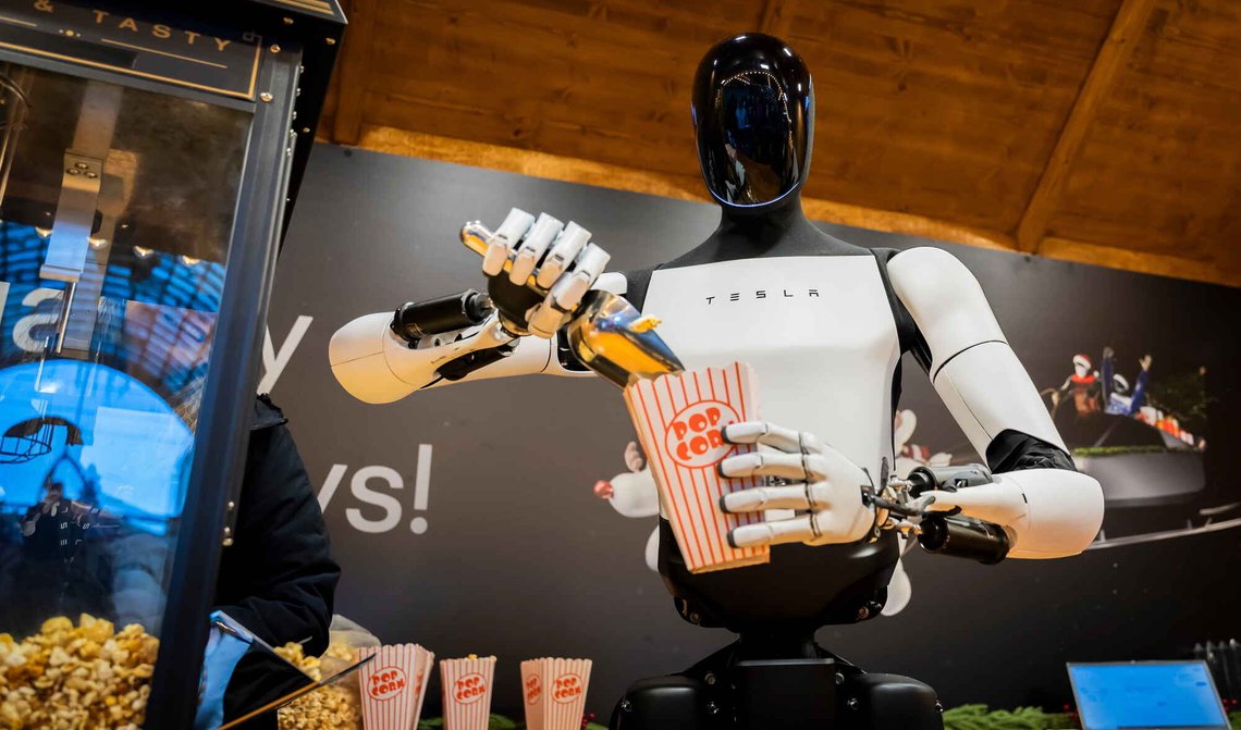 Teslas humanoide robot «Optimus» deler ut popcorn fra en bod på et julemarked i et kjøpesenter i Berlin den 20. desember 2025. Foto: Christoph Soeder / DPA via AP / NTB. Teslas humanoide robot «Optimus» deler ut popcorn fra en bod på et julemarked i et kjøpesenter i Berlin den 20. desember 2025. Foto: Christoph Soeder / DPA via AP / NTB.