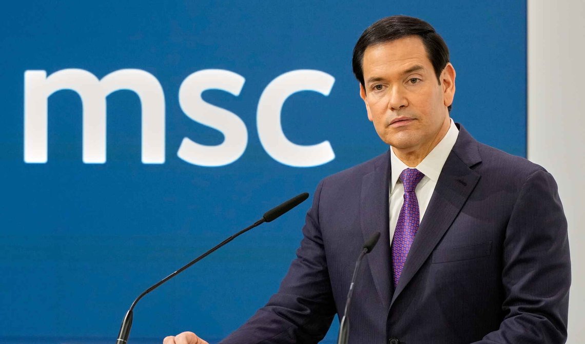 USAs utenriksminister Marco Rubio taler under sikkerhetskonferansen i München den 14. februar 2026. Foto: Alex Brandon / AP / NTB. USAs utenriksminister Marco Rubio taler under sikkerhetskonferansen i München den 14. februar 2026. Foto: Alex Brandon / AP / NTB.