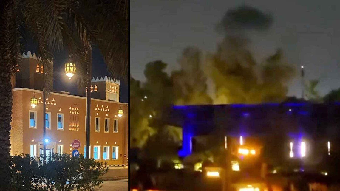 Røyk og flammer ble observert fra den amerikanske ambassaden i Riyad i natt. (Montasje: Google Maps/Videostillbilde fra RT/X) Røyk og flammer ble observert fra den amerikanske ambassaden i Riyad i natt. (Montasje: Google Maps/Videostillbilde fra RT/X)