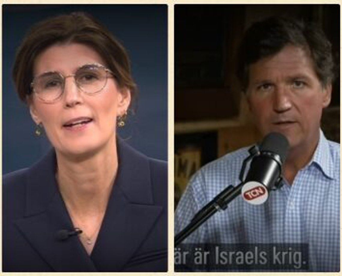 Cecilia Gralde tok opp «apokalyptisk sionisme» og ga plass til Tucker Carlson, notorisk antisemitt på ytterste høyre. Foto: Skjermbilder SVT Aktuellt. Cecilia Gralde tok opp «apokalyptisk sionisme» og ga plass til Tucker Carlson, notorisk antisemitt på ytterste høyre. Foto: Skjermbilder SVT Aktuellt.