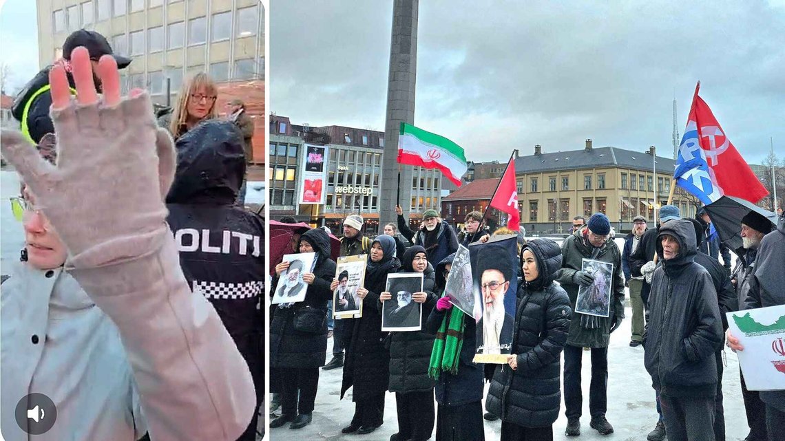 Documents journalist ble fysisk fjernet fra å dokumentere at "flyktninger" sørget over Irans ayatollah Khamenei i Trondheim 3. mars 2026. Politiet ga Palestinakomiteen medhold i at pressen ikke lenger er fri i Norge. Foto: Bente Haarstad/Veslemøy Lian. Documents journalist ble fysisk fjernet fra å dokumentere at "flyktninger" sørget over Irans ayatollah Khamenei i Trondheim 3. mars 2026. Politiet ga Palestinakomiteen medhold i at pressen ikke lenger er fri i Norge. Foto: Bente Haarstad/Veslemøy Lian.