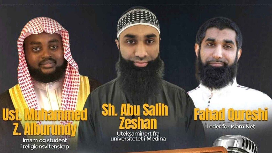 Zeshan Ullah Qureshi (midten), som også kaller seg Sheik Abu Salih, sammen med sine kollegaer i Islam Net. Qureshi i midten er nå ansatt i en stipendiatstilling ved MF vitenskapelig høyskole, det som var Norges presteskole. Foto: Facebook, reklame for «Live med Islam Net» 11. februar 2021. Zeshan Ullah Qureshi (midten), som også kaller seg Sheik Abu Salih, sammen med sine kollegaer i Islam Net. Qureshi i midten er nå ansatt i en stipendiatstilling ved MF vitenskapelig høyskole, det som var Norges presteskole. Foto: Facebook, reklame for «Live med Islam Net» 11. februar 2021.