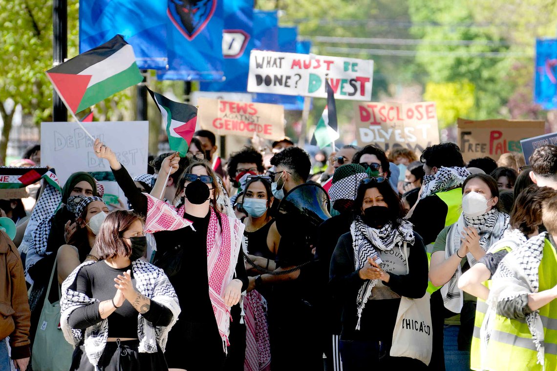 FILE- Pro-Palestinian protesters demonstrate on the campus of DePaul University, April 30, 2024, in Chicago. (AP Photo/Charles Rex Arbogast, file) FILE- Pro-Palestinian protesters demonstrate on the campus of DePaul University, April 30, 2024, in Chicago. (AP Photo/Charles Rex Arbogast, file)