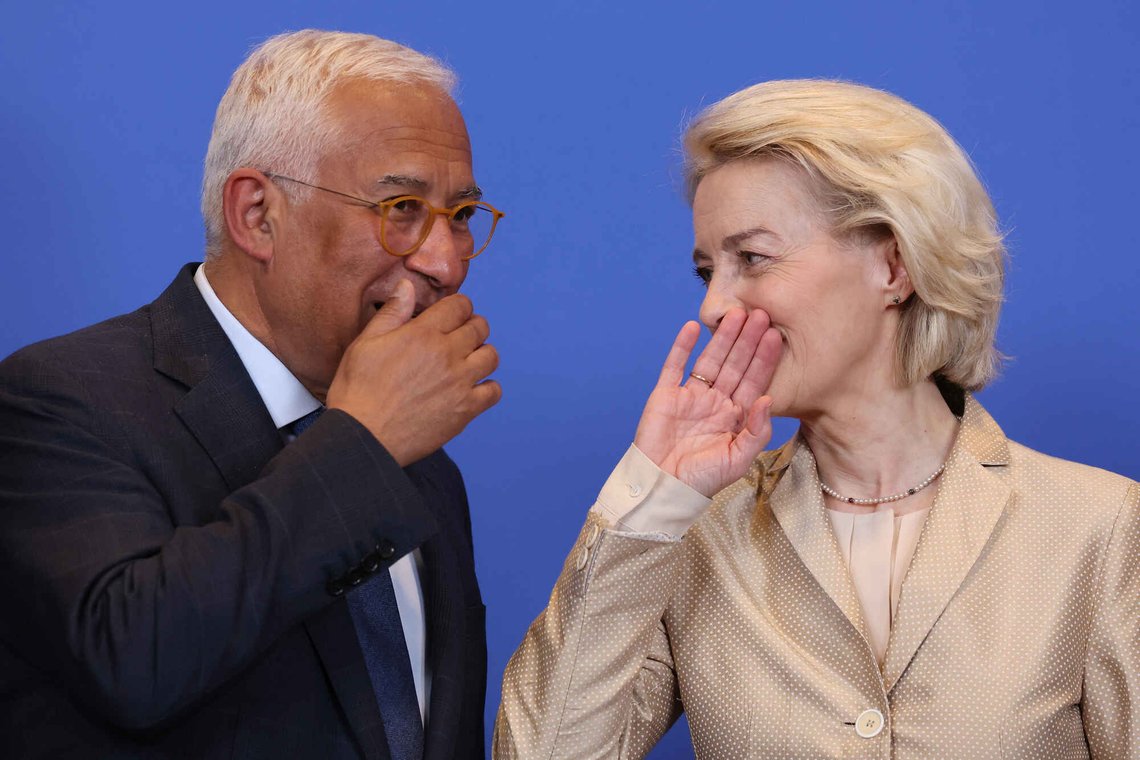 European Council President Antonio Costa, left, speaks with European Commission President Ursula von der Leyen during a group photo of business leaders at the Tripartite Social Summit in Brussels, Wednesday, March 18, 2026. (AP Photo/Omar Havana) European Council President Antonio Costa, left, speaks with European Commission President Ursula von der Leyen during a group photo of business leaders at the Tripartite Social Summit in Brussels, Wednesday, March 18, 2026. (AP Photo/Omar Havana)