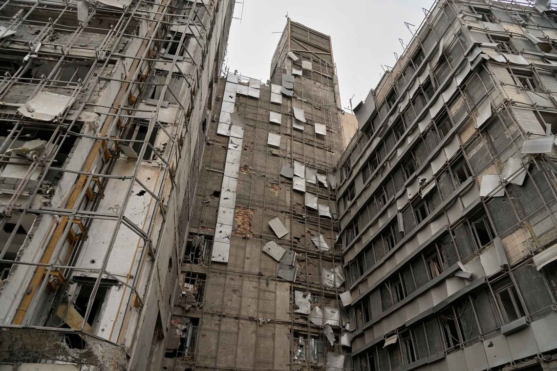Damage is seen on the façade of Gandhi Hospital, which was hit Sunday when a strike struck a state TV communications tower and nearby buildings across the street during the ongoing joint U.S.-Israeli military campaign in Tehran, Iran, Tuesday, March 2, 2026. (AP Photo/Vahid Salemi) Damage is seen on the façade of Gandhi Hospital, which was hit Sunday when a strike struck a state TV communications tower and nearby buildings across the street during the ongoing joint U.S.-Israeli military campaign in Tehran, Iran, Tuesday, March 2, 2026. (AP Photo/Vahid Salemi)