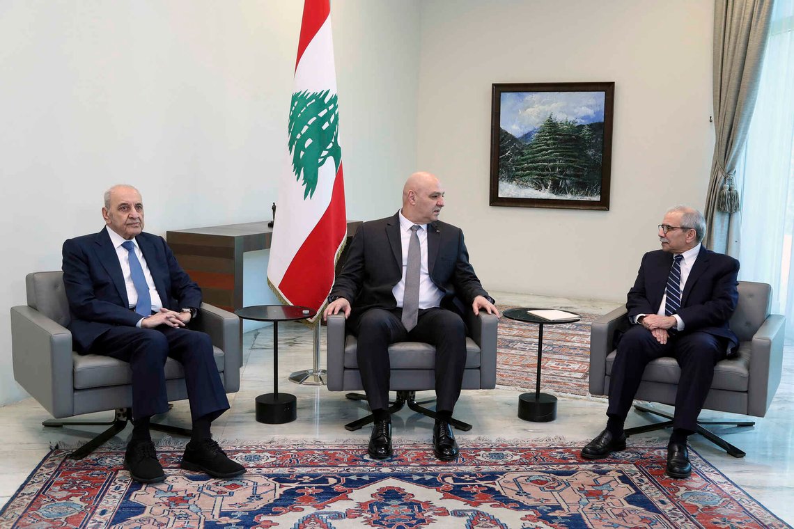 In this photo released by the Lebanese Presidency press office, Lebanese president Josephl Aoun, center, meets with Prime Minister-designate Nawaf Salam, right, and Parliament Speaker Nabih Berri, left, in Baabda, east of Beirut, Lebanon, Tuesday, Jan. 14, 2025. (Lebanese Presidency press office via AP) In this photo released by the Lebanese Presidency press office, Lebanese president Josephl Aoun, center, meets with Prime Minister-designate Nawaf Salam, right, and Parliament Speaker Nabih Berri, left, in Baabda, east of Beirut, Lebanon, Tuesday, Jan. 14, 2025. (Lebanese Presidency press office via AP)