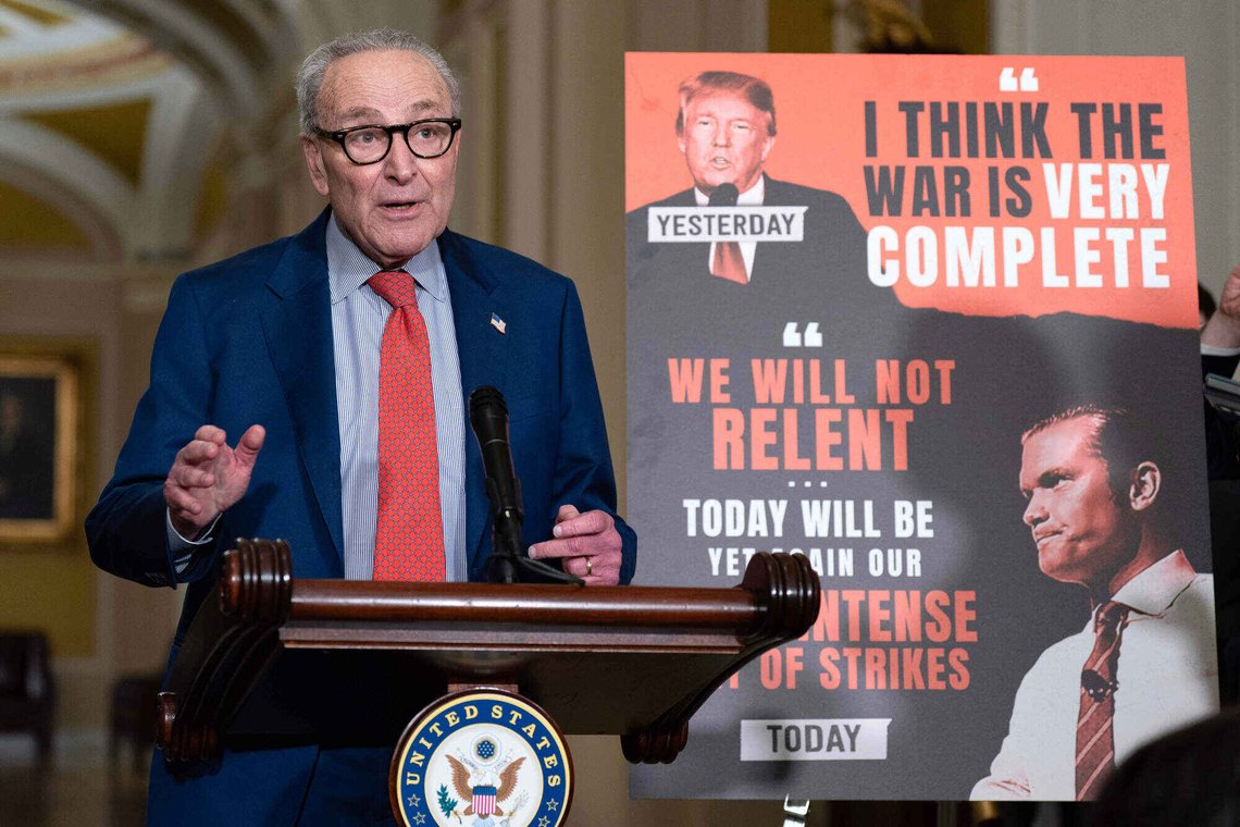 Senate Minority Leader Chuck Schumer, D-N.Y., speaks to reporters after a weekly policy luncheon, at the Capitol in Washington, Tuesday, March 10, 2026. (AP Photo/Jose Luis Magana) Senate Minority Leader Chuck Schumer, D-N.Y., speaks to reporters after a weekly policy luncheon, at the Capitol in Washington, Tuesday, March 10, 2026. (AP Photo/Jose Luis Magana)