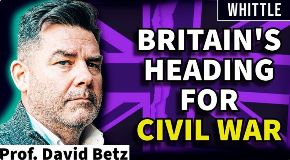 Professor David Betz spår en borgerkrig i Europa om få år, og ser det som en mulighet at det først vil bryte ut i Storbritannia. Stillbilde YouTube Professor David Betz spår en borgerkrig i Europa om få år, og ser det som en mulighet at det først vil bryte ut i Storbritannia. Stillbilde YouTube