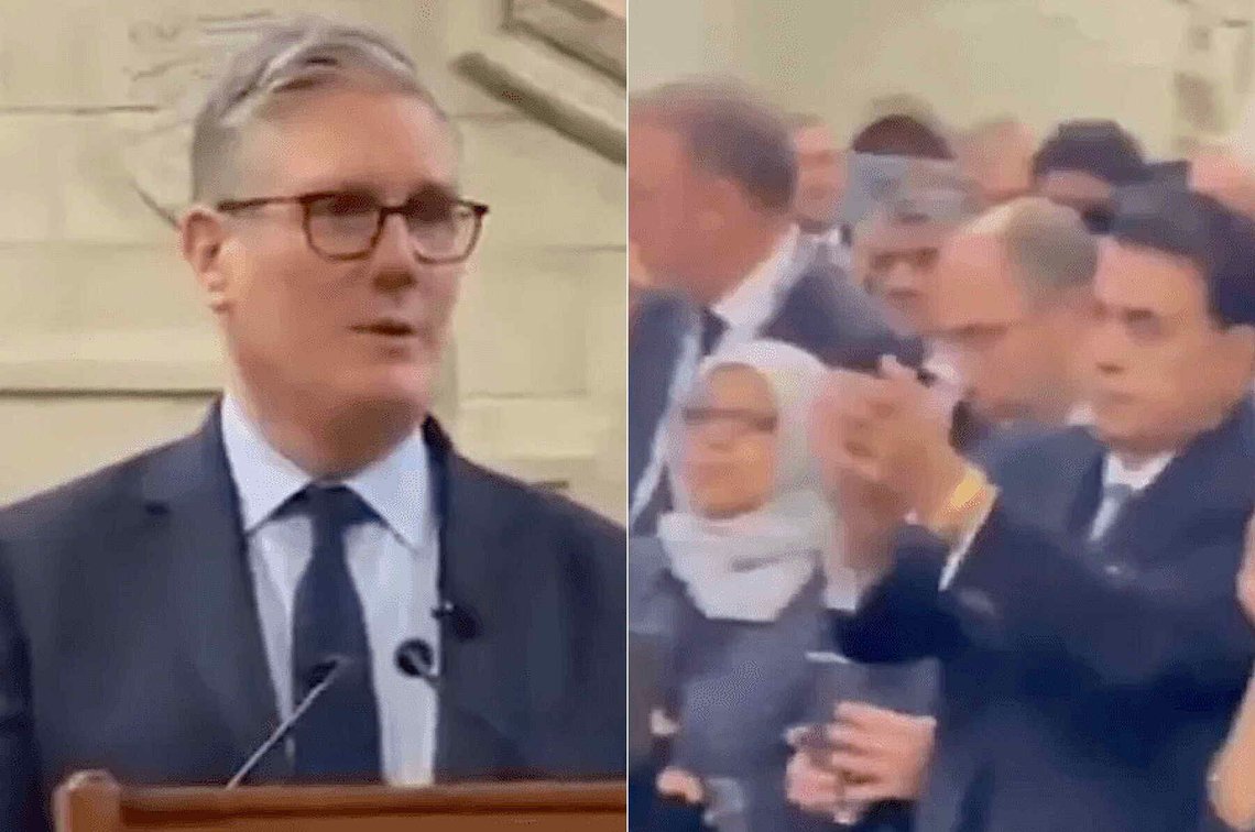 Keir Starmer taler under en avslutningsseremoni for ramadan i Westminster Hall, og får applaus når han presiserer at Storbritannia ikke deltok i angrepet på Iran. Stillbilder fra videoer som sirkulerer i sosiale medier. Keir Starmer taler under en avslutningsseremoni for ramadan i Westminster Hall, og får applaus når han presiserer at Storbritannia ikke deltok i angrepet på Iran. Stillbilder fra videoer som sirkulerer i sosiale medier.