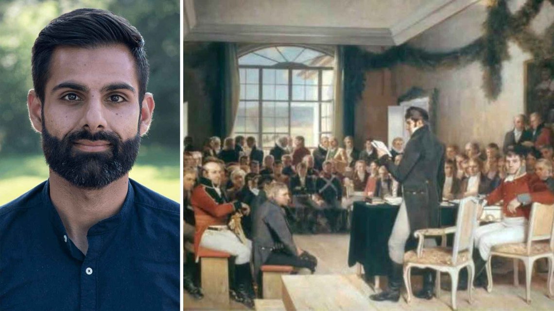 Grunnlovens far, Christian Magnus Falsen, får bekransning av Zamran Ahmad Butt 17. mai 2026. Butt tilhører moskeen Islamic Cultural Centre i Oslo, mens Falsen var den som la frem Grunnlovsforslaget i 1814, gjengitt i "Eidsvold 1814", av Oskar Wergeland. Det kjente maleriet henger i Stortingssalen. Foto: Privat/sosiale medier. Grunnlovens far, Christian Magnus Falsen, får bekransning av Zamran Ahmad Butt 17. mai 2026. Butt tilhører moskeen Islamic Cultural Centre i Oslo, mens Falsen var den som la frem Grunnlovsforslaget i 1814, gjengitt i "Eidsvold 1814", av Oskar Wergeland. Det kjente maleriet henger i Stortingssalen. Foto: Privat/sosiale medier.