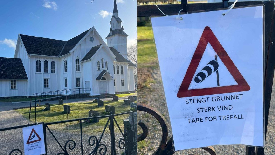 RØDT: Søgne hovedkirke er stengt, og vil ikke ha påskegudstjeneste 1. påskedag. Grunnen er ekstremværet «Dave» som er ventet å treffe søndag. Foto: Lise Sørensen / Document RØDT: Søgne hovedkirke er stengt, og vil ikke ha påskegudstjeneste 1. påskedag. Grunnen er ekstremværet «Dave» som er ventet å treffe søndag. Foto: Lise Sørensen / Document