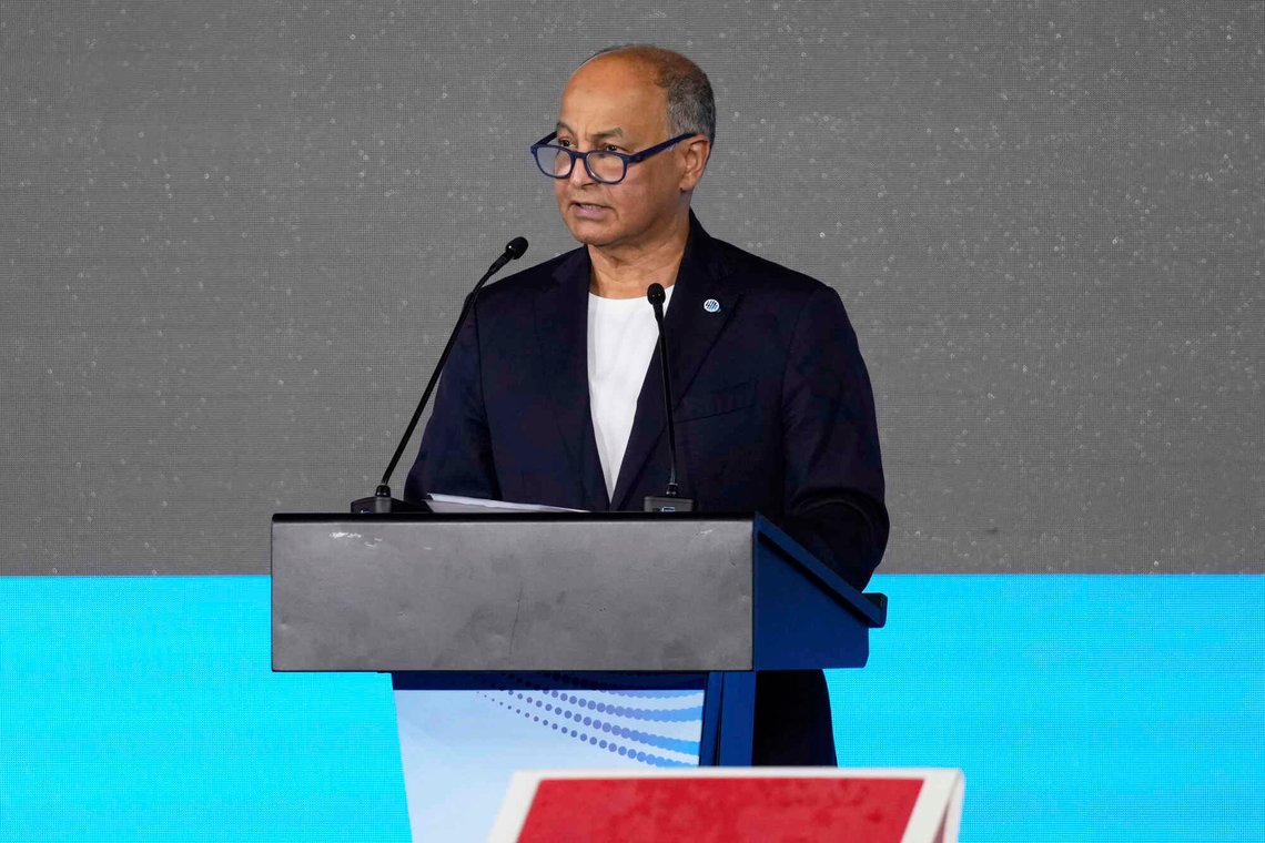 World Aquatics President Husain Al-Musallam speaks during the handover ceremony at the World Aquatics Championships in Singapore, Sunday, Aug. 3, 2025. (AP Photo/Vincent Thian) World Aquatics President Husain Al-Musallam speaks during the handover ceremony at the World Aquatics Championships in Singapore, Sunday, Aug. 3, 2025. (AP Photo/Vincent Thian)