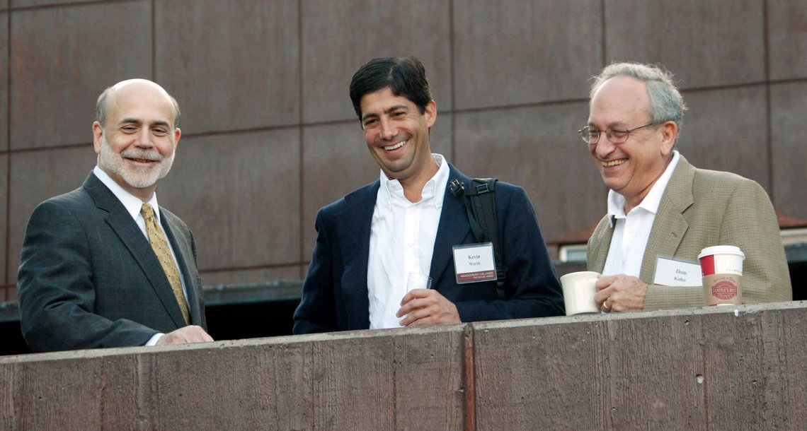 Federal Reserve chairman Ben Bernanke, left, and Donald L. Kohn, governor of the Federal Reserve Bank of Dallas, right, are joined by Kevin M. Warsh, governor of the Board of Governors of the Federal Reserve System, on the veranda of the Jackson Lake Lodge at the start of the annual Federal Reserve conference, in Jackson, Wyo., Friday, Aug. 27, 2010. (AP Photo/Reed Saxon) Federal Reserve chairman Ben Bernanke, left, and Donald L. Kohn, governor of the Federal Reserve Bank of Dallas, right, are joined by Kevin M. Warsh, governor of the Board of Governors of the Federal Reserve System, on the veranda of the Jackson Lake Lodge at the start of the annual Federal Reserve conference, in Jackson, Wyo., Friday, Aug. 27, 2010. (AP Photo/Reed Saxon)