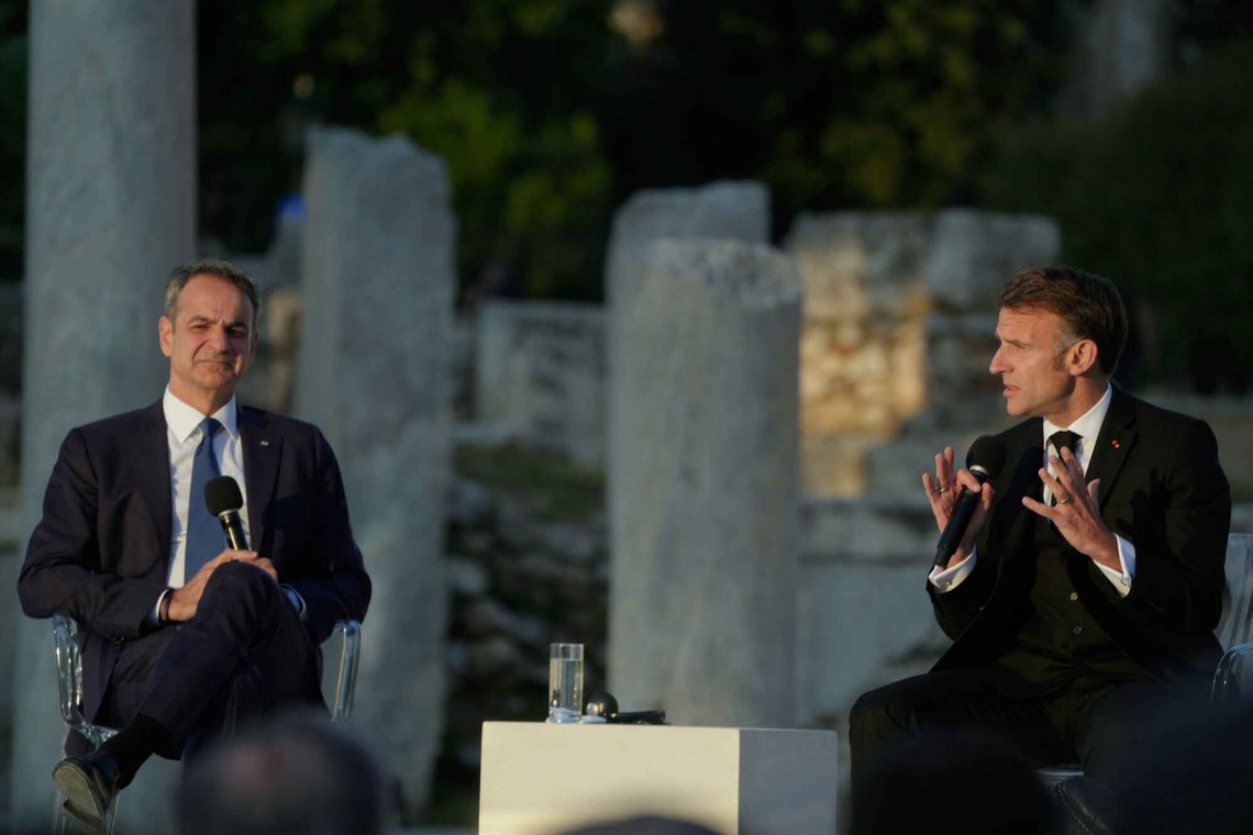 French President Emmanuel Macron, right, and Greek Prime Minister Kyriakos Mitsotakis participate in a discussion on European sovereignty at the Roman Agora in Athens, Greece, Friday, April 24, 2026. (AP Photo/Petros Giannakouris) French President Emmanuel Macron, right, and Greek Prime Minister Kyriakos Mitsotakis participate in a discussion on European sovereignty at the Roman Agora in Athens, Greece, Friday, April 24, 2026. (AP Photo/Petros Giannakouris)