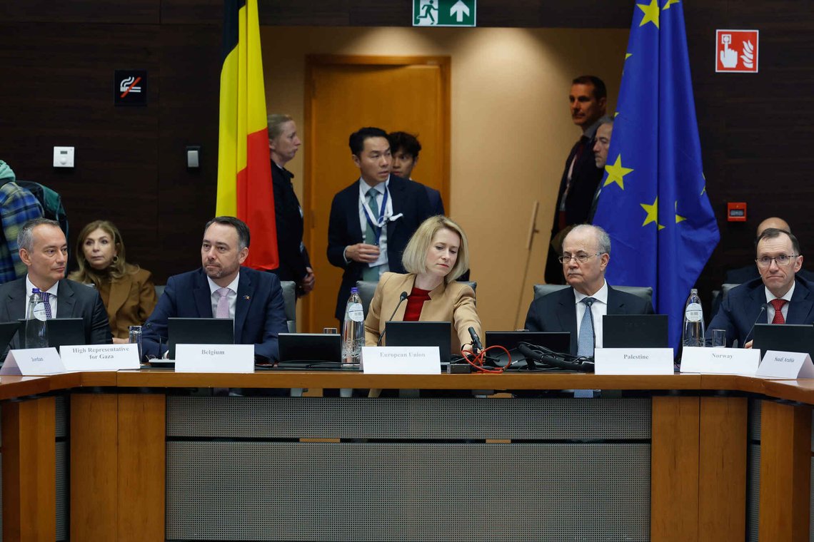 From left, High Representative for Gaza Nikolay Mladenov, Belgium's Foreign Minister Maxime Prevot, European Union foreign policy chief Kaja Kallas, Palestinian Prime Minister Mohammad Mustafa and Norway's Foreign Minister Espen Barth Eide during a meeting of the Global Alliance for the Implementation of the Two-State Solution in Brussels, Monday, April 20, 2026. (AP Photo/Geert Vanden Wijngaert) From left, High Representative for Gaza Nikolay Mladenov, Belgium's Foreign Minister Maxime Prevot, European Union foreign policy chief Kaja Kallas, Palestinian Prime Minister Mohammad Mustafa and Norway's Foreign Minister Espen Barth Eide during a meeting of the Global Alliance for the Implementation of the Two-State Solution in Brussels, Monday, April 20, 2026. (AP Photo/Geert Vanden Wijngaert)