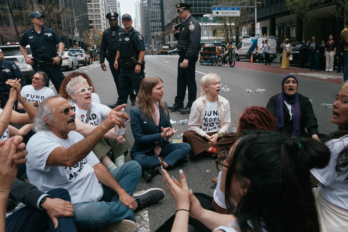 Chelsea Manning, center, and protesters with Jewish Voice for Peace block traffic during a demonstration outside the New York office of U.S. Sen. Chuck Schumer, calling for an end to the U.S.-Israel war with Iran and opposing U.S. weapons support on Monday, April 13, 2026, in New York. (AP Photo/Andres Kudacki) Chelsea Manning, center, and protesters with Jewish Voice for Peace block traffic during a demonstration outside the New York office of U.S. Sen. Chuck Schumer, calling for an end to the U.S.-Israel war with Iran and opposing U.S. weapons support on Monday, April 13, 2026, in New York. (AP Photo/Andres Kudacki)