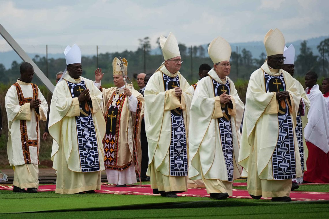 Pope Leo XIV, third from left, arrives in procession with cardinals and bishops to celebrate a Mass at Bamenda Airport, Cameroon, Thursday, April 16, 2026, on the fourth day of his 11-day pastoral visit to Africa. (AP Photo/Andrew Medichini) Pope Leo XIV, third from left, arrives in procession with cardinals and bishops to celebrate a Mass at Bamenda Airport, Cameroon, Thursday, April 16, 2026, on the fourth day of his 11-day pastoral visit to Africa. (AP Photo/Andrew Medichini)