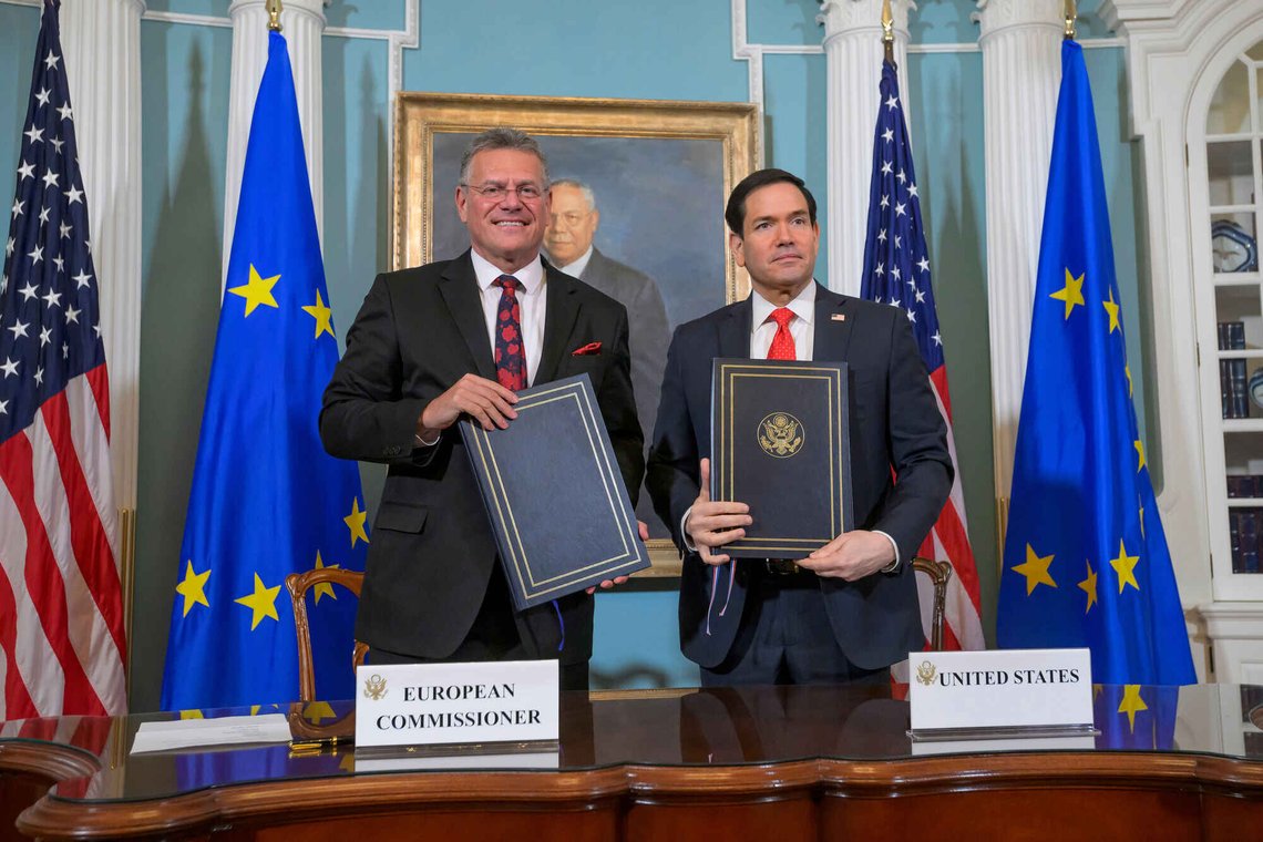 Secretary of State Marco Rubio, right, is joined by EU Commissioner for Trade and Economic Security Maros Sefcovic, left, for a Memorandum of Understanding signing ceremony at the State Department, Friday, April 24, 2026, in Washington. (AP Photo/Rod Lamkey, Jr.) Secretary of State Marco Rubio, right, is joined by EU Commissioner for Trade and Economic Security Maros Sefcovic, left, for a Memorandum of Understanding signing ceremony at the State Department, Friday, April 24, 2026, in Washington. (AP Photo/Rod Lamkey, Jr.)