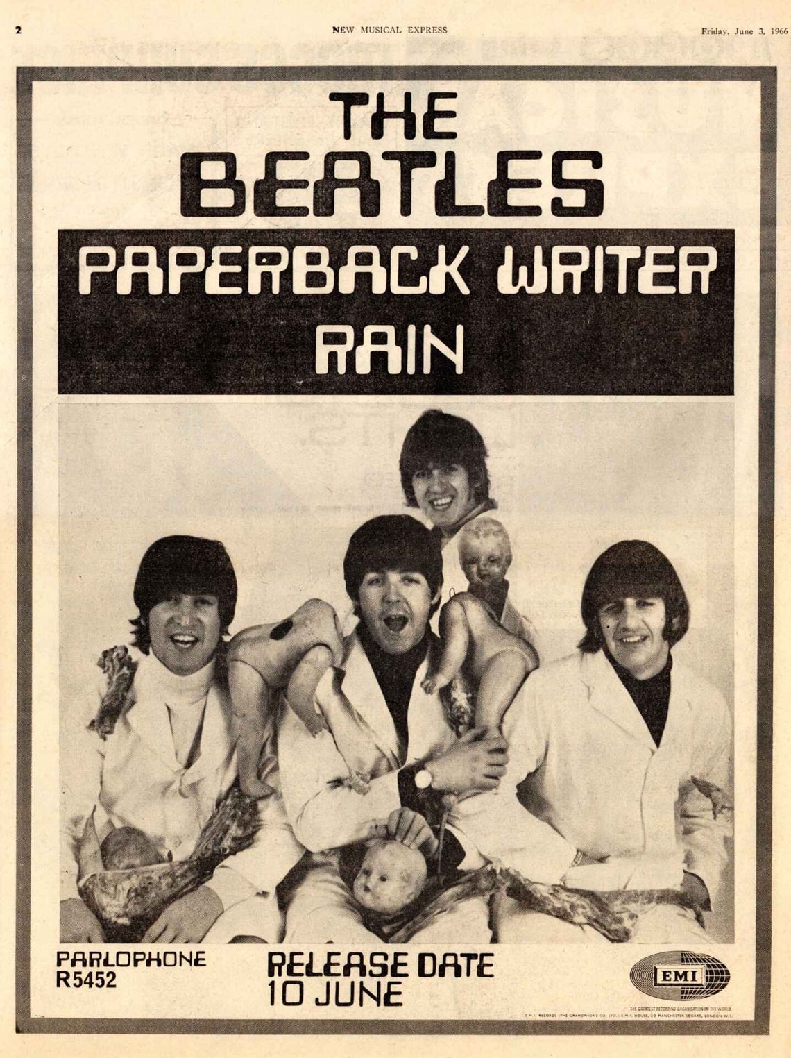 Omdiskutert foto av Beatles i slakterfrakker, overstrødd med kjøttstykker og dukkedeler. Virkningsfull som reklame for gruppens ferske single i juni 1966. Omdiskutert foto av Beatles i slakterfrakker, overstrødd med kjøttstykker og dukkedeler. Virkningsfull som reklame for gruppens ferske single i juni 1966.
