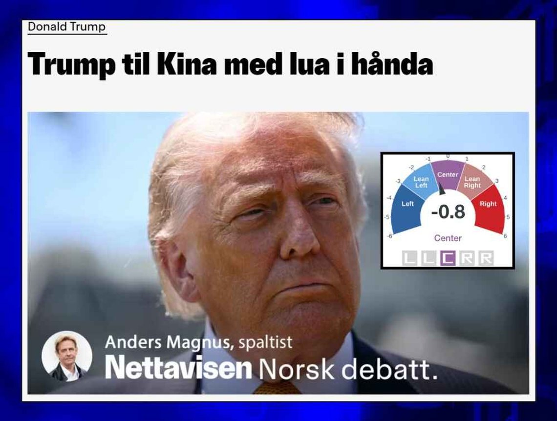 Foto: Skjermbilde fra Nettavisen. Norsk Debatt: - Trump til Kina med lua i hånda. Insatt bilde: AllSides Bias Meter. Foto: Skjermbilde fra Nettavisen. Norsk Debatt: - Trump til Kina med lua i hånda. Insatt bilde: AllSides Bias Meter.