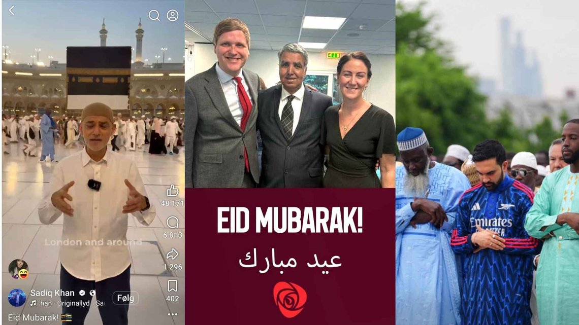 Ordføreren i London, Sadiq Khan, Bærum Arbeiderparti, og New Yorks ordfører, Zohran Kwame Mamdani, er blant de som feirer eid i mai 2026. Foto: Sosiale medier. Ordføreren i London, Sadiq Khan, Bærum Arbeiderparti, og New Yorks ordfører, Zohran Kwame Mamdani, er blant de som feirer eid i mai 2026. Foto: Sosiale medier.